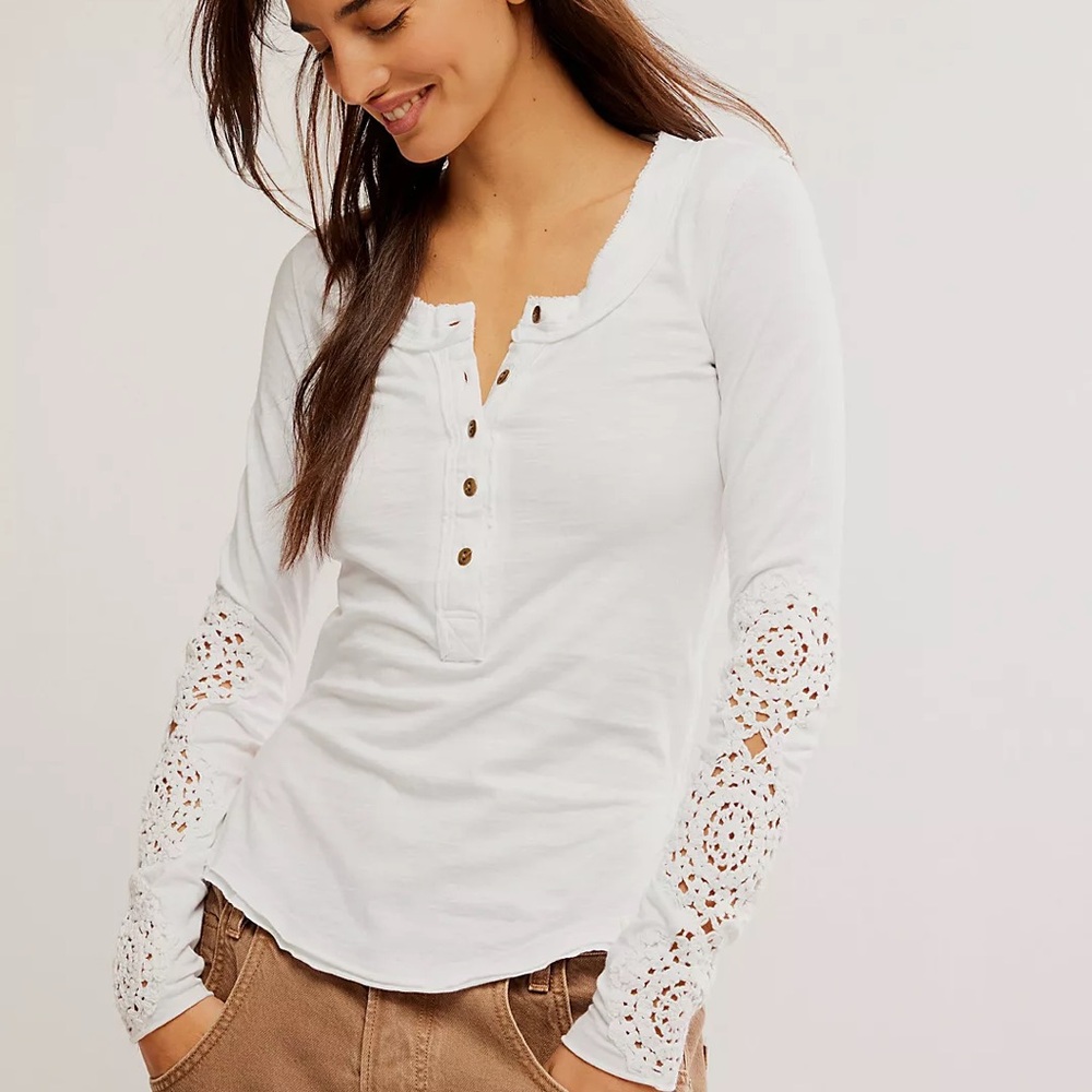 Free People White Our Song Henley Cuff Long Sleeve Top